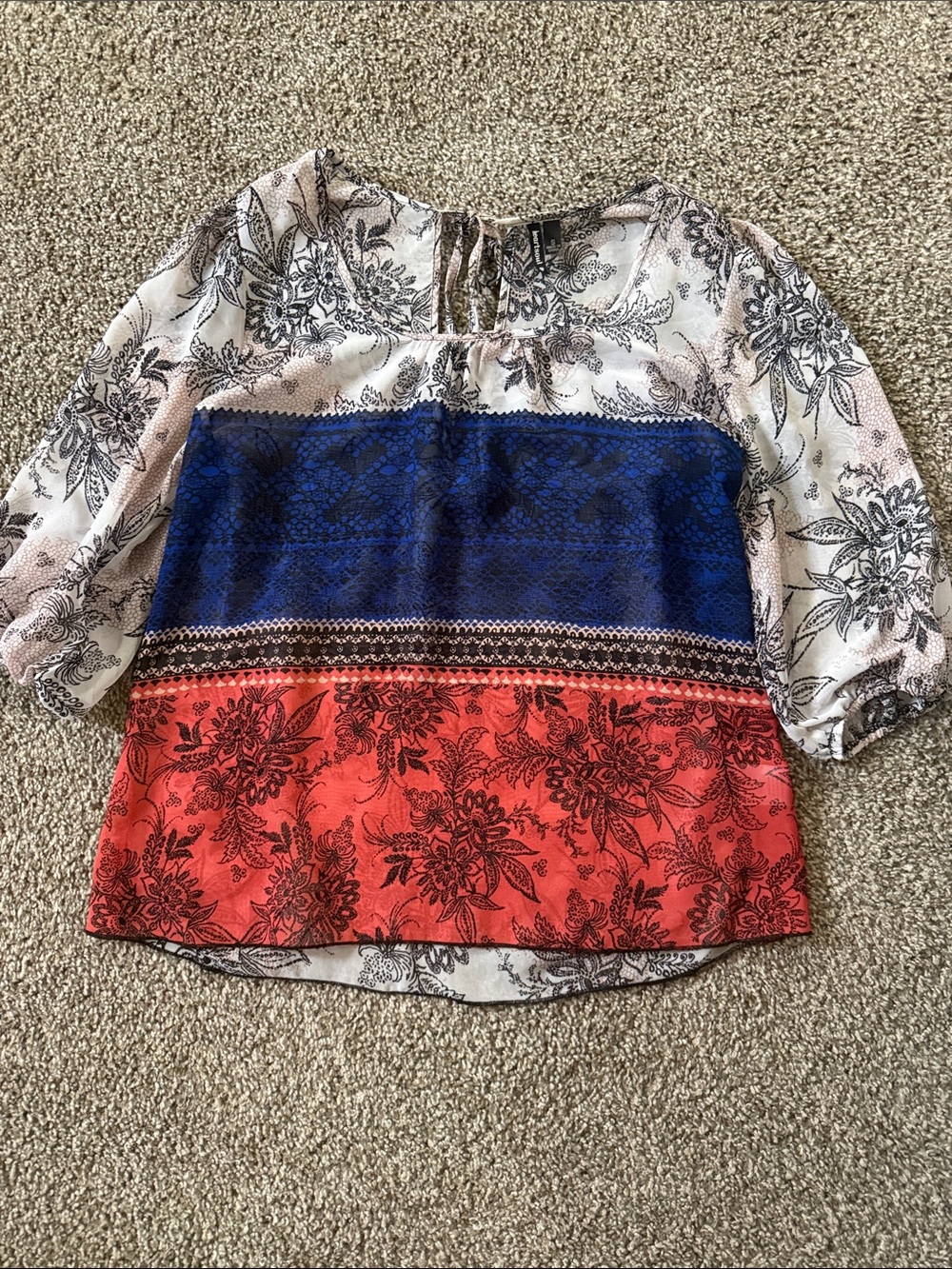 HeartSoul Blue and Red Floral Patchwork Peasant Top